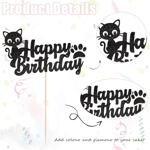 Black Glitter Cat Cake Topper Kitten Birthday Party Decoration