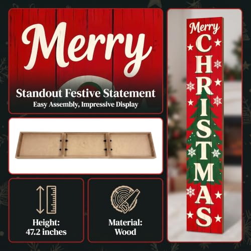 Vertical Merry Christmas Porch Sign - Rustic Wooden Xmas Standing Sign - 47.2 Inches - Xmas-2026
