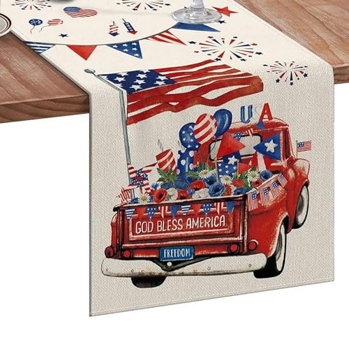 Patriotic 4th of July Table Runner 13x72 Inches - Linen Decor