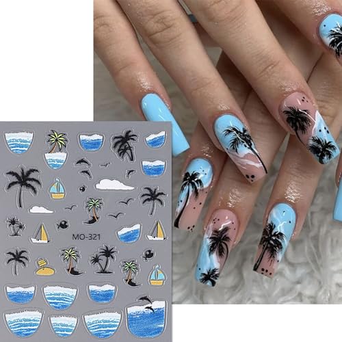 Summer Beach 3D Self-Adhesive Nail Stickers - Ocean Art Decals 3 Sheets