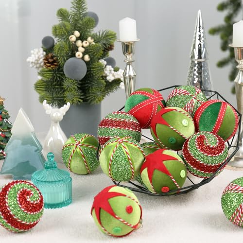 Christmas Ball Ornaments Set - Red and Green Velvet Decorations, 15PCS 80MM