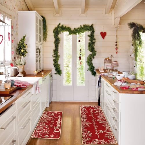 DIYDEC Christmas Kitchen Rugs Set of 2 - Red Holiday Mat Decor