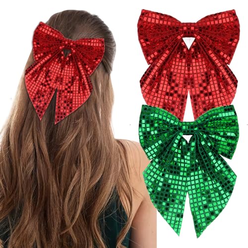 ANBALA Red and Green Sequin Hair Bows with Alligator Clips