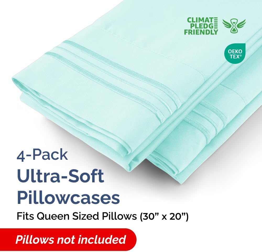 Skiennix Queen Pillow Cases Set of 4 | Ultra Soft Hotel Quality, Wrinkle-Free & Fade Resistant - Spa Blue