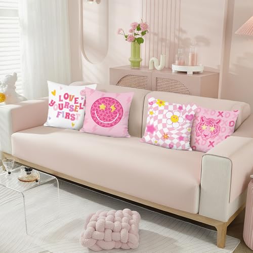 Pink Velvet Throw Pillow Covers Set of 4 - Cute Smiley Face and Tiger Design, 18x18 Inches