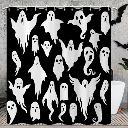 Halloween Shower Curtain - Black & White Spooky Ghosts, 72"