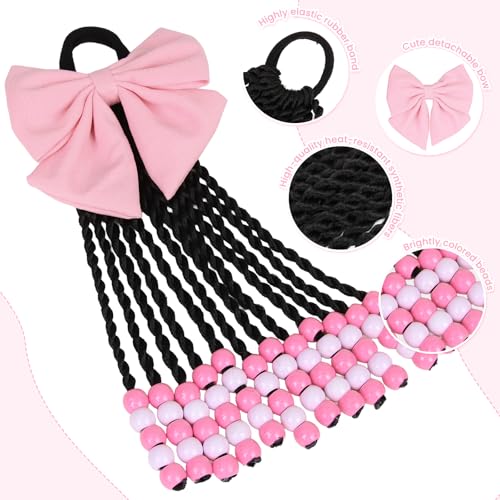 Synthetic Braided Ponytail Extension with Beads and Bows - Pink