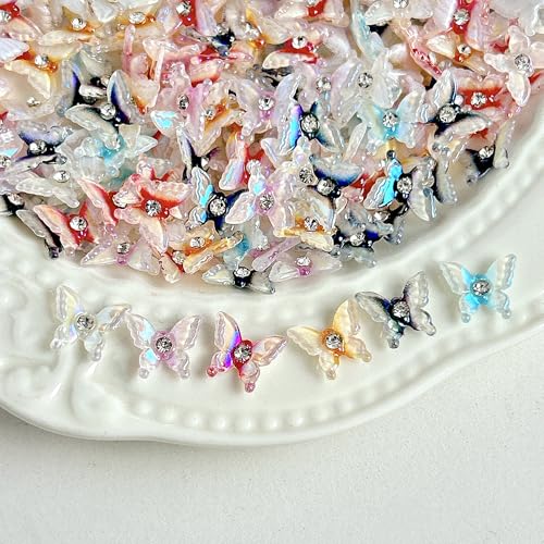 50Pcs 3D Butterfly Nail Charms Iridescent Resin Rhinestones for DIY Manicure