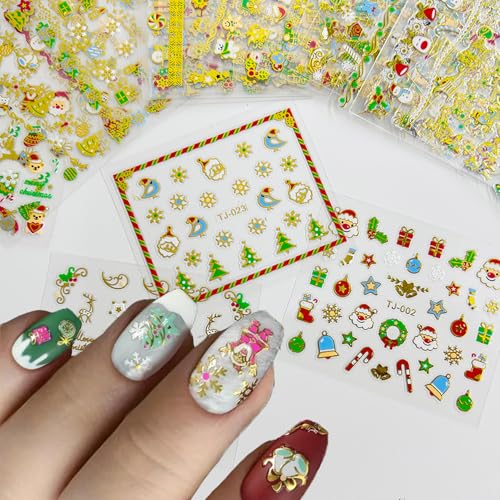 KSTBJN 30 Sheets Christmas Nail Stickers 3D Self-Adhesive Holiday Decals
