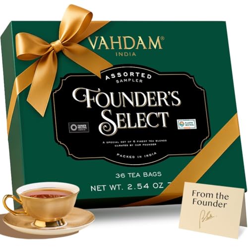 VAHDAM Founder's Select Tea Gift Set - 6 Flavors, 36 Pyramid Tea Bags