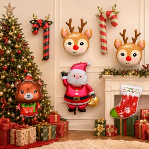 7 Pcs Christmas Foil Balloons Set - Santa Reindeer Bear Candy Cane Xmas Decorations