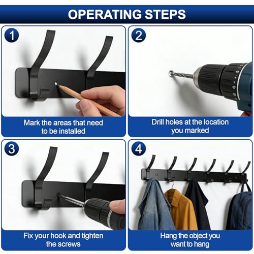 Heavy Duty Wall Mounted Coat Rack - 2-Pack with 12 Hooks, Black