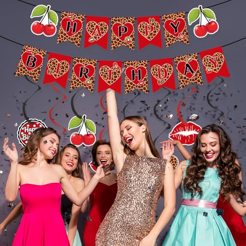 Cheetah & Cherry Birthday Decorations Set - Pre-Strung Banner & Swirls
