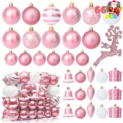 Pink Christmas Tree Ornaments Set - Shatterproof Holiday Decorations, 66 pcs