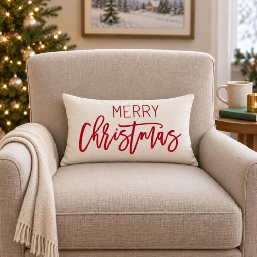 Merry Christmas Pillow Cover 12x20 Inch - Cream Red Holiday Decor