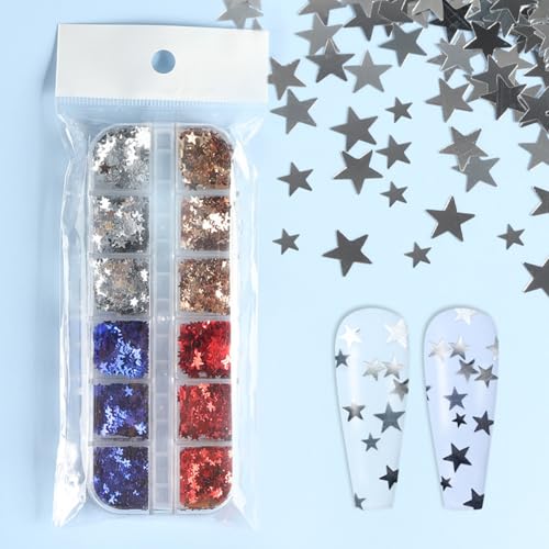 Independence Day Star Nail Glitter Kit - 12-Grid Holographic Pentagram Sequins