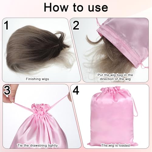 Aysatogc Satin Wig Bags with Drawstring - 35x25cm Pink Hair Storage Pouches (6-Pack)