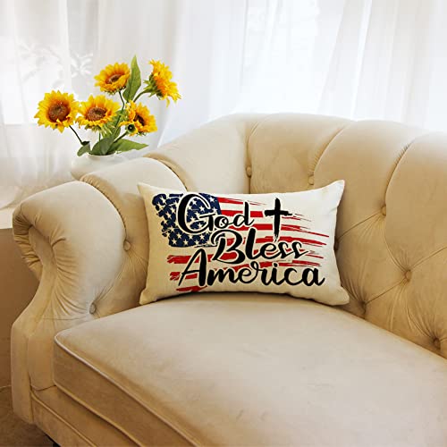 4th of July God Bless America Flag Throw Pillow Cover - 12x20