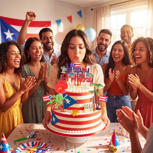 Puerto Rican Birthday Cake Topper Set with Glitter Decorations - Cultural Celebration