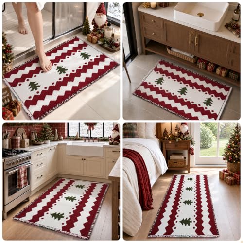 Christmas Waffle Bath Mat Rug - Non Slip Absorbent Holiday Decor, 24 x 36 - Red & White Tree