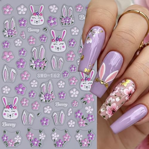POWPOP 5D Embossed Easter Nail Art Stickers Bunny Flower Decals 4PCS
