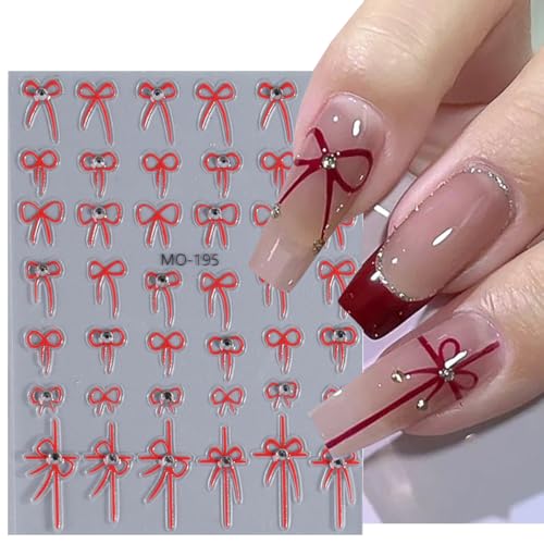 3D French Bow Nail Art Stickers - Self-Adhesive Red White & Black Bow Decals (4 Sheets)