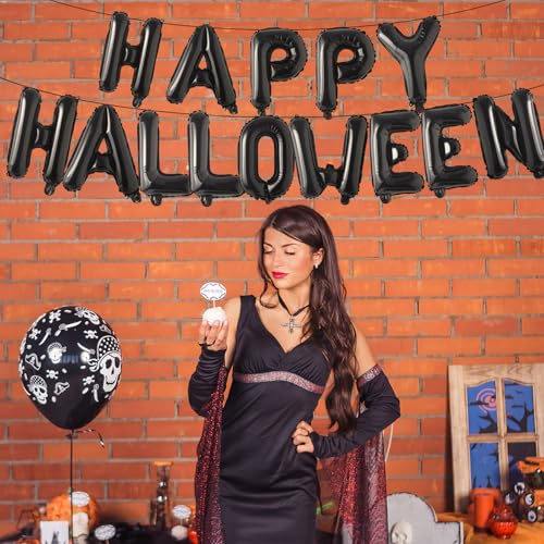16 Inch Black 'HAPPY HALLOWEEN' Balloon Banner - Mylar Foil Decor