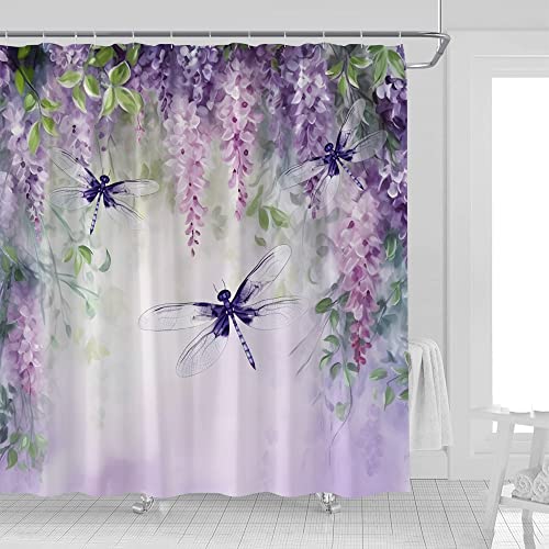 Purple Wisteria & Dragonfly Shower Curtain, 70 x 70 Inch Botanical Fabric