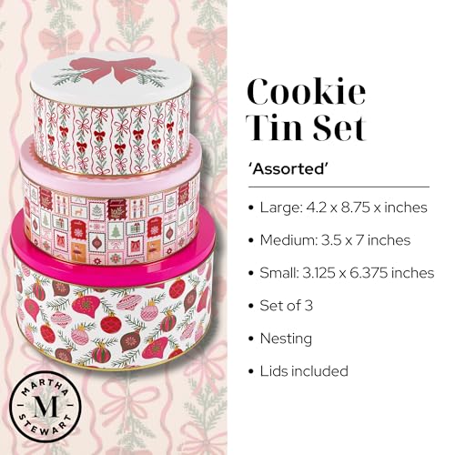 Martha Stewart Metal Cookie Tins, 3-Piece Nesting Set, Small, Medium & Large, Christmas Containers for Gift & Storage (Ornaments and Bows)