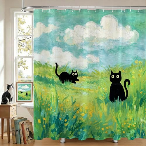 Funny Cat Shower Curtain - Waterproof Black Cat Design, 72x72 Inch