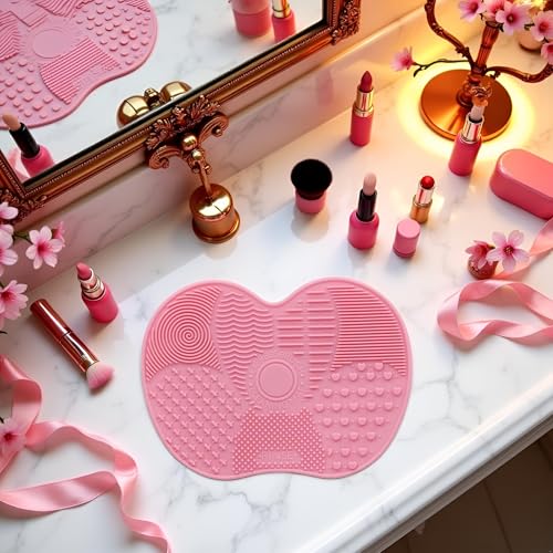 Pink Makeup Brush Cleaner Mat with Suction Cups Portable Scrubber Pad 6.1"x4.5"