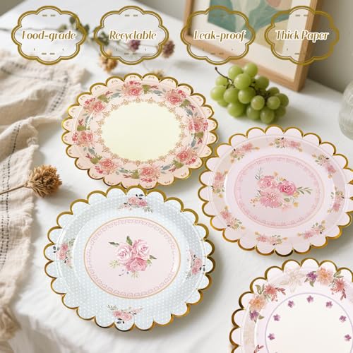 Floral 7-Inch Disposable Paper Plates - 48 PCS Scalloped Design for Parties