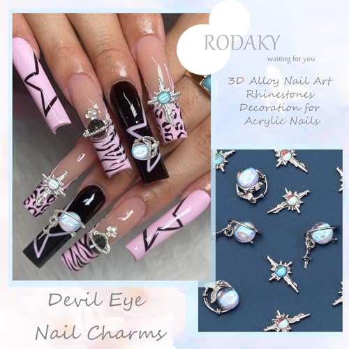 RODAKY 14Pcs 3D Cross Nail Charms Rhinestone Blue Crystal Jewels
