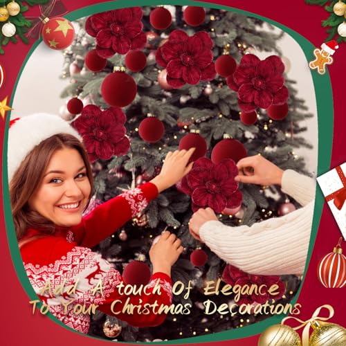 Burgundy Velvet Christmas Tree Decorations Set with Poinsettias & Ornaments