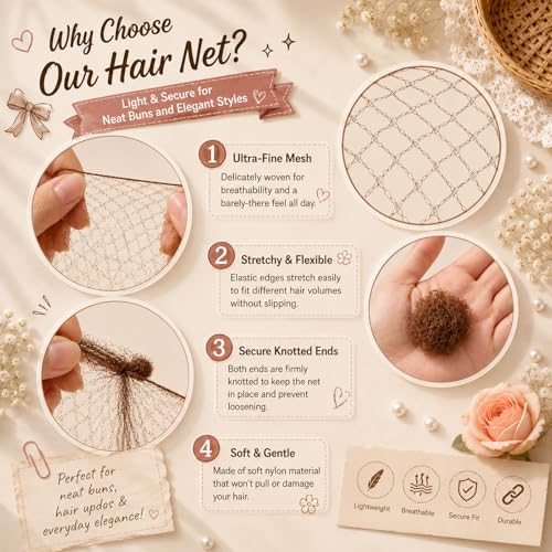 Invisible Hair Net Set for Ballet Buns (Brown, 20 Pcs with 50 U Pins)