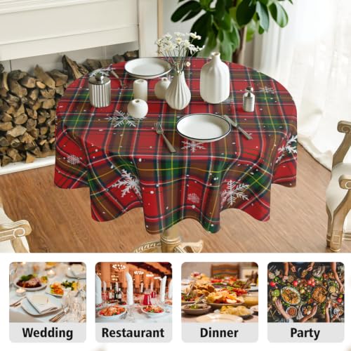 Xmas Plaid Snowflake Round Tablecloth - 60 Inch Holiday Christmas Decor