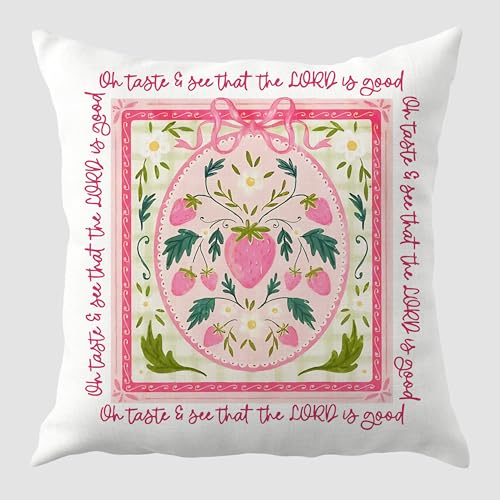 Christian Pink Bow Strawberry Pillow Cover 18x18 - Bible Verse Decor