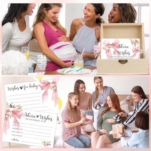50 PCS Pink Bow Baby Shower Advice Cards with Wooden Keepsake Box