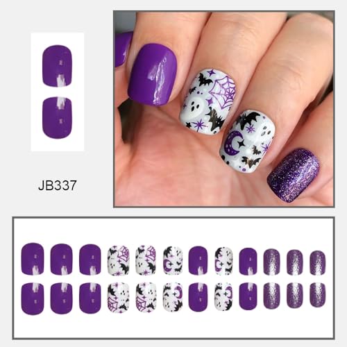 Purple Halloween Press on Nails Short Square Glitter False Nail Tips
