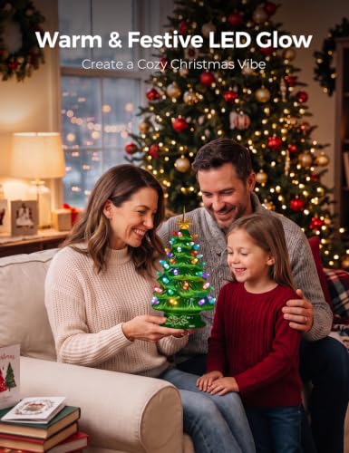 Green Ceramic Christmas Tree 13 Inch Pre-lit Tabletop Holiday Decor - Brightown
