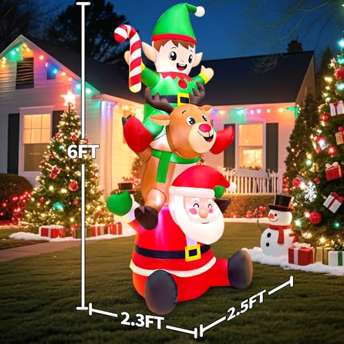 6FT Tall Christmas Inflatable Yard Decoration with Santa, Reindeer & Elf LED Lights