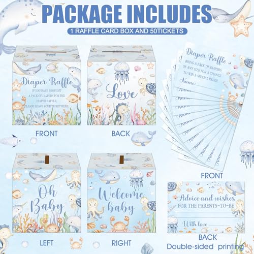 Ocean Animals Diaper Raffle Tickets with Card Box - 51 Pieces