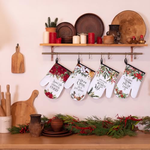 Christian Christmas Oven Mitts Set - Poinsettia Bible Verse & Holiday Floral Design, 4 Pairs