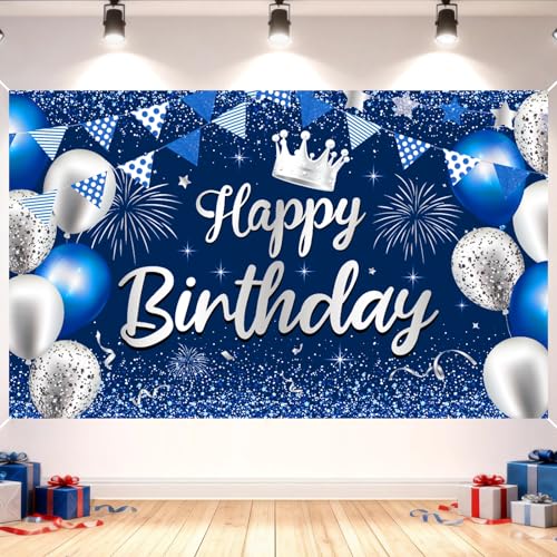 Blue Happy Birthday Backdrop Banner - 73" x 43" Large Fabric Poster