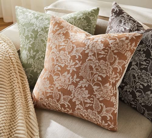 Floral Jacquard Throw Pillow Covers, 18x18 Caramel Cotton Set of 2