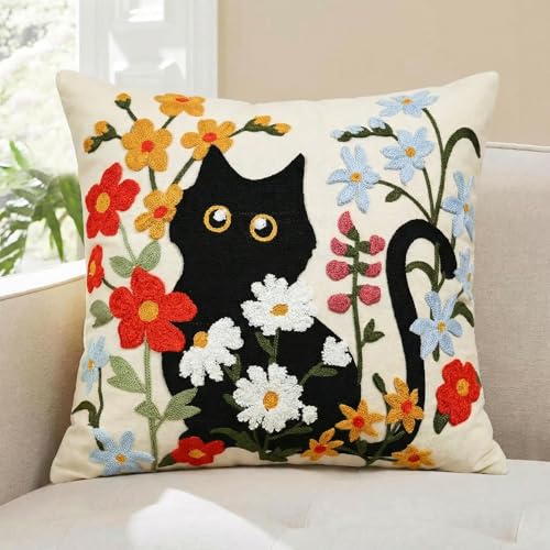 Black Cat Embroidered Throw Pillow Cover - 18" x 18" Floral Design