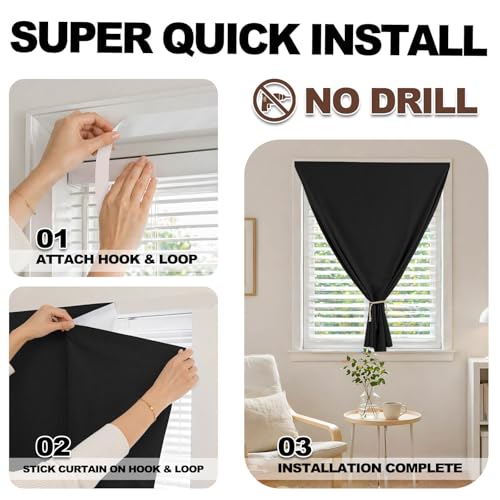 Jilron 100% Blackout Adhesive Curtains - No Drilling, Easy Install (Black, W35 × L60 in)