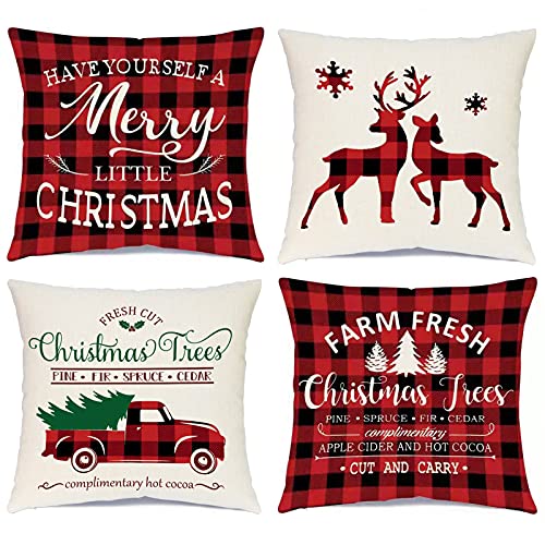 Red Christmas Pillow Covers Set of 4 16x16 Inches Farmhouse Buffalo Plaid Truck Decor