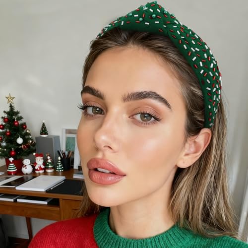 YISSION Green Christmas Knotted Headband - Beaded & Sequined Wide Hair Hoop