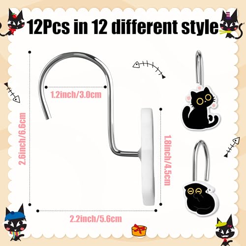 MALLMALL6 12-Piece Black Cat Shower Curtain Hooks - Rustproof Decorative Rings